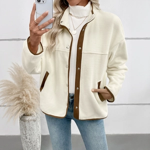 Veste Décontractée en Polaire Color Block pour Femmes Col Montant Bouton-pression Manteau Court Automne Hiver Chaud Vêtements d'Extérieur