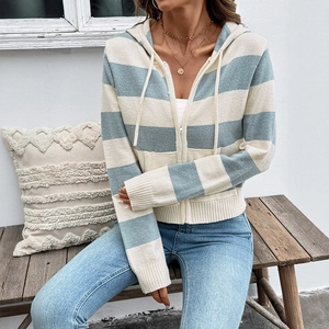 Women Striped Knit Hooded Cardigan Zipper Long Sleeve Loose Soft Acrylic Polyamide Blend Autumn Winter Casual Hoodie Jacket