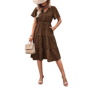 Women's V-neck leopard print midi dress with button-front and tiered skirt in brown