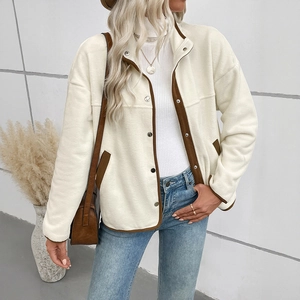 Veste polaire femme crème avec bordure contrastée marron et col montant décontracté