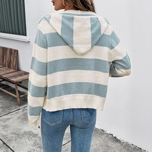 Back view of women's blue and white striped hooded knit cardigan with ribbed cuffs