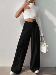 Detailed full-body view of women high-waist black wide-leg trousers with elastic V-waistband