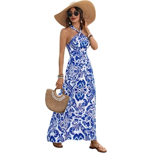 Vintage blue and white floral halter maxi dress with backless design for summer resort