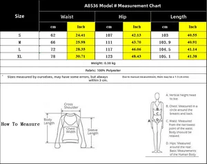 Detailed size chart for wide leg trousers showing waist, hip, and length from S to XL