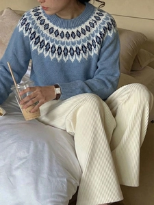 Close-up of blue Fair Isle knit sweater neckline with ivory corduroy pants details