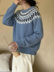 Detail of blue Fair Isle knit sweater showing geometric patterns and ribbed crew neckline