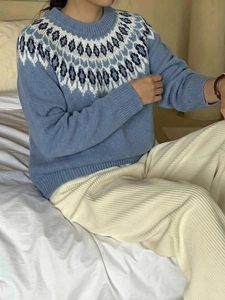 Detailed knit texture of light blue Fair Isle pattern sweater with round neckline