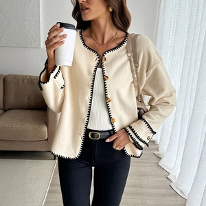 Women Casual Polar Fleece Jacket Contrast Whipstitch Trim Round Neck Single Breasted Loose Fit Cream Outerwear Coat