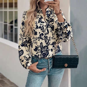 Women Vintage Floral Print Long Sleeve Blouse Stand Collar Elegant Pleated Viscose Nylon Shirt Retro Button Casual Top