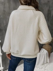 Women's cream textured waffle knit sweatshirt with high collar and raglan sleeves