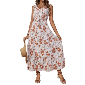 Robe longue d'été fleurie pour femme avec col en V profond et design sans manches