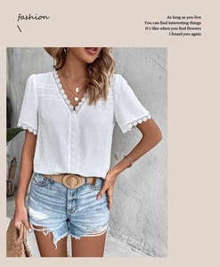Close-up of V-neckline with delicate crochet lace trim and white Swiss dot fabric texture