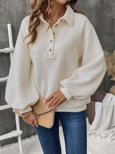 Women's cream textured sweatshirt with lapel collar and lantern sleeves for casual wear