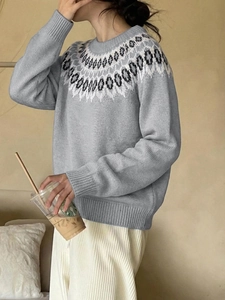 Close-up of Fair Isle geometric jacquard pattern on a gray knitted round neck sweater