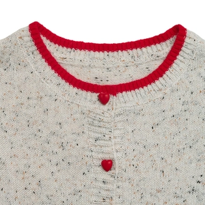 Detail of knit cardigan showing red ribbed neckline and heart-shaped buttons