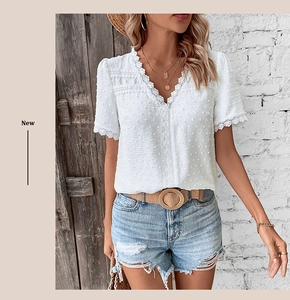 Detail of white Swiss dot blouse featuring elegant eyelash lace trim and V-neckline