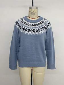 Detail of Fair Isle pattern on a blue-grey crew neck sweater with knitted geometric motifs