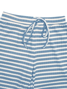 Close-up of ribbed texture and drawstring waist on blue striped lounge pants