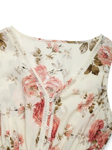 Détail du col en V fleuri avec bordure en dentelle et boutons sur robe d'été beige