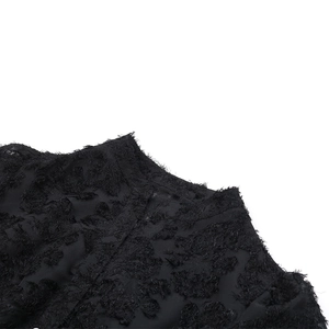 Close-up of black retro dress collar with 3D lace feather texture and stand-up neckline