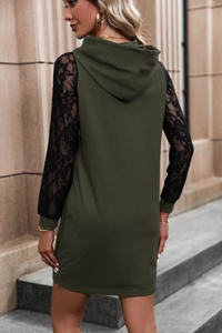 Detail of army green hooded dress with black lace long sleeves and slim fit design