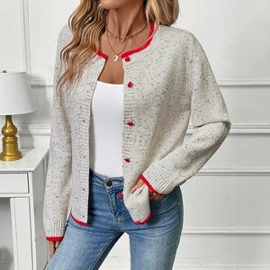 Women's grey knit cardigan with red contrast piping and heart-shaped buttons