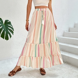 Damen Böhmisch Stufen-Maxirock Zickzackmuster Hohe Taille Elastischer Kordelzug Mit Quasten Casual Urlaub Strand Rock