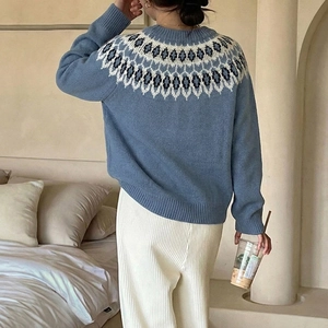 Blue-grey Fair Isle knit sweater with geometric collar pattern and ribbed cuffs for women