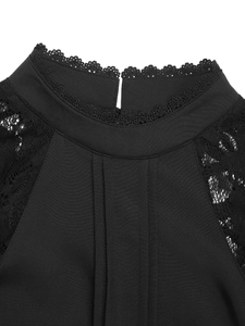 Detail of elegant black lace high collar and floral mesh shoulder pattern for women