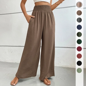 Women High Waist Wide Leg Pants Smocked Elastic Waist Textured Casual Loose Trousers With Pockets For Vacation Commute