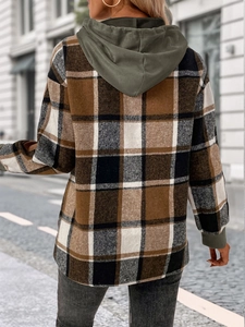 Vue arrière du sweat à capuche à carreaux pour femmes avec manches contrastées olive
