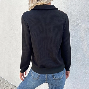 Women's black long sleeve sweatshirt with textured geometric pattern and back view styling