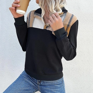 Women's black quilted texture hoodie with plaid color block sleeves and buttoned collar