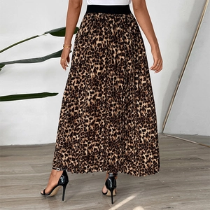 Back view of leopard print pleated maxi skirt with elastic high waist and A-line silhouette