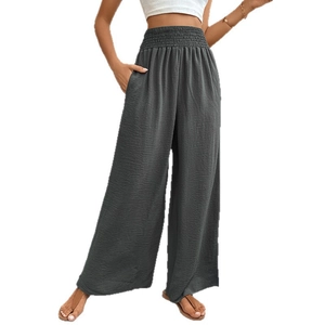 Women's high waist dark grey wide leg pants with elastic smocked waist and side pockets