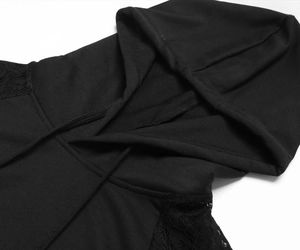 Detail of hooded neckline with cross-overlap and black floral lace sleeves on a hoodie dress