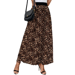 Elegant leopard print pleated maxi skirt with a high-waisted black elastic waistband