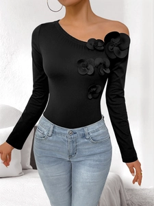 Slim fit black long sleeve bodysuit featuring one-shoulder design and 3D floral decoration
