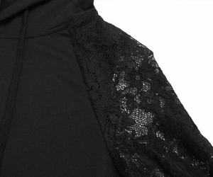 Detail of floral lace patchwork and drawstring on black long sleeve hoodie dress