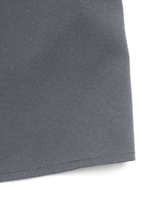 Detailed close-up of grey lace blouse hem showing precise stitching and fabric texture