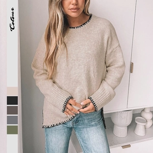 Women's Casual Round Neck Long Sleeve Pullover Sweater Contrast Blanket Stitching Split Hem Oversized Knitted Top