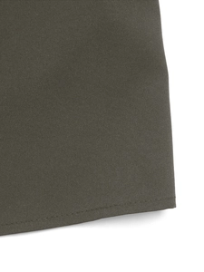 Detail shot of the precise stitching on the hem of a dark olive lace long sleeve shirt
