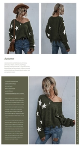 Detail of dark green V-neck knit sweater with white stars and distressed fringe hem