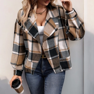 Veste à Carreaux Vintage pour Femmes Revers Fermeture Éclair Manches Longues Ample Brossé Kaki Mode Décontracté Automne Hiver