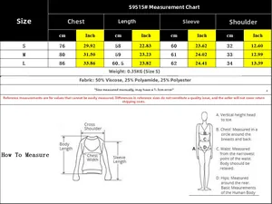Detailed size chart for long sleeve knit sweater showing S, M, L measurements in cm and inch