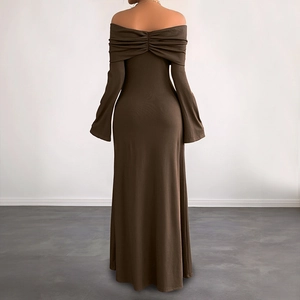 Deep brown off-the-shoulder knitted maxi dress with fitted silhouette and back pleats
