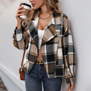 Veste à carreaux vintage marron pour femmes avec large revers et fermeture éclair