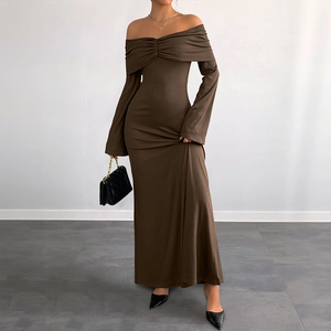 Deep brown off-shoulder knit maxi dress with ribbed texture and front ruching detail