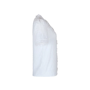 Detail of white Swiss dot fabric with delicate lace trim on the collar and sleeve