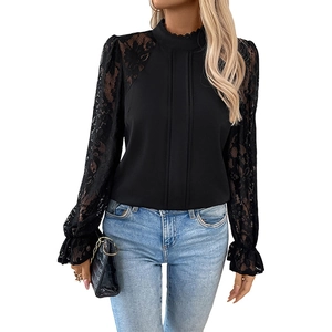 Elegant black long sleeve lace shirt for women with high collar and ruffle cuff details